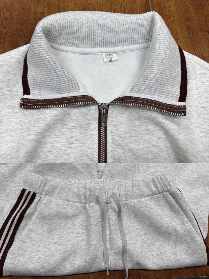 Retro Sporty Webbing Grey-white Half-zip Sweatshirt And Wide-leg Pants Set