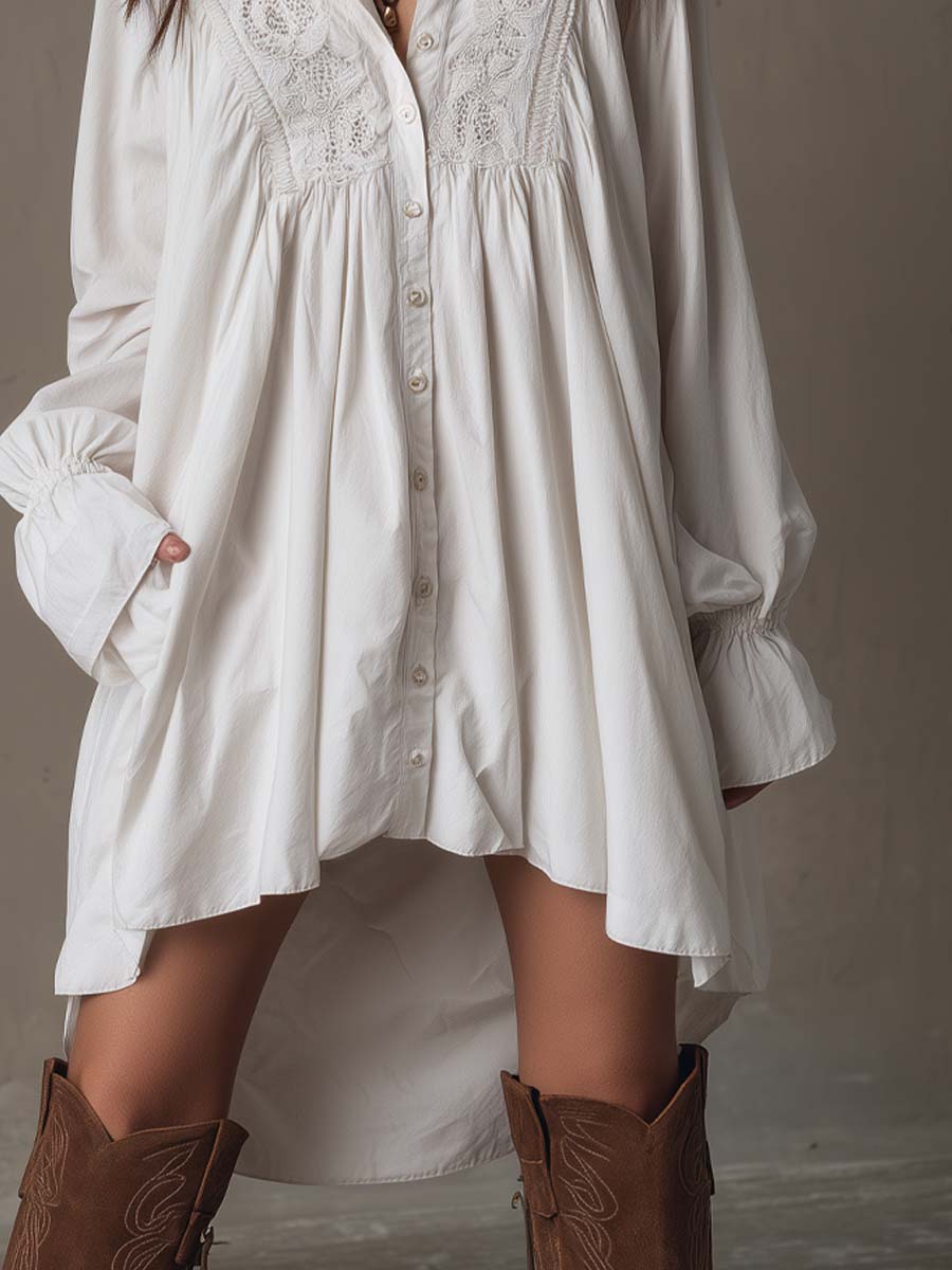 Retro-style |  Lace Irregular Hem Long-sleeved Mini Dress