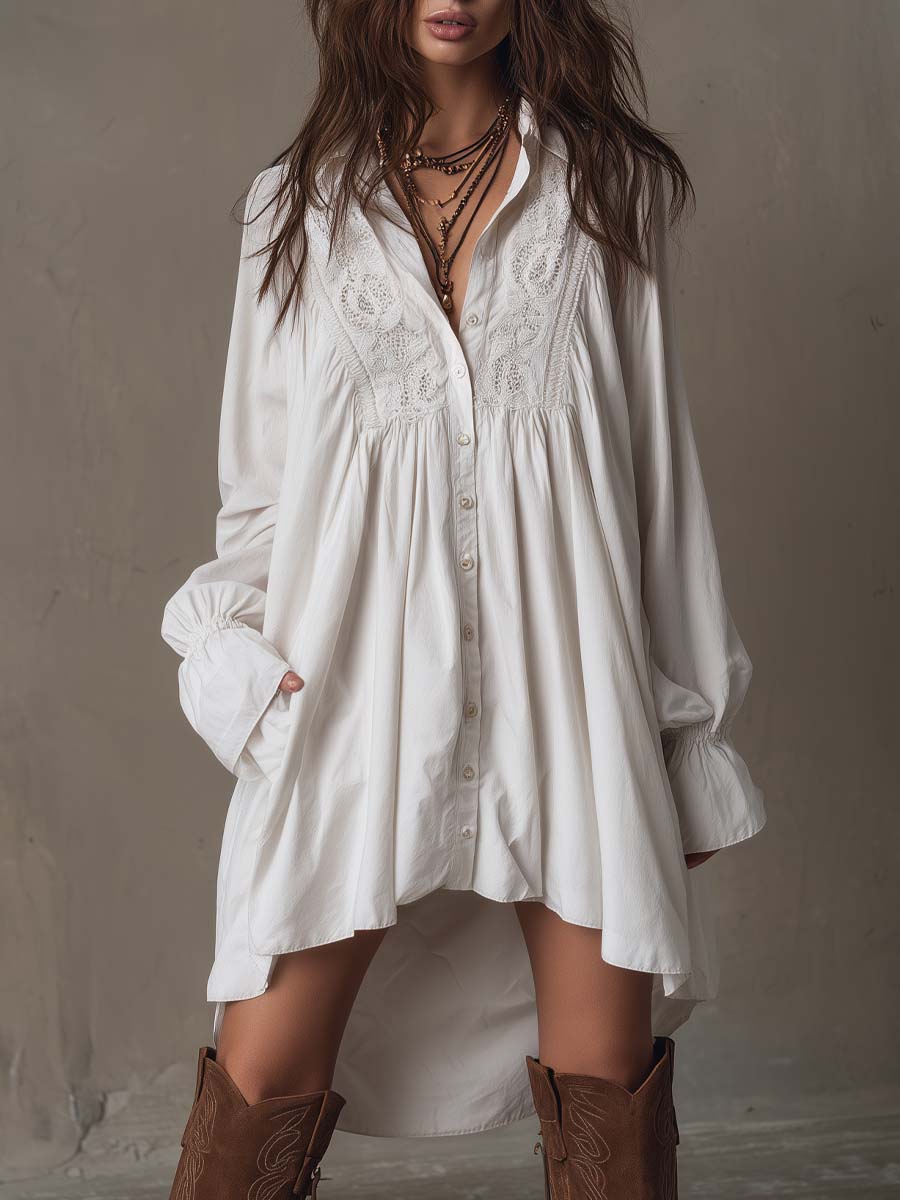 Retro-style |  Lace Irregular Hem Long-sleeved Mini Dress