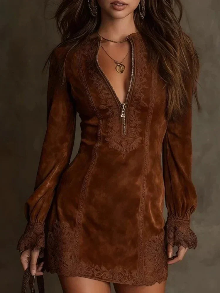 Velmora - Embroidered Zip Mini Dress