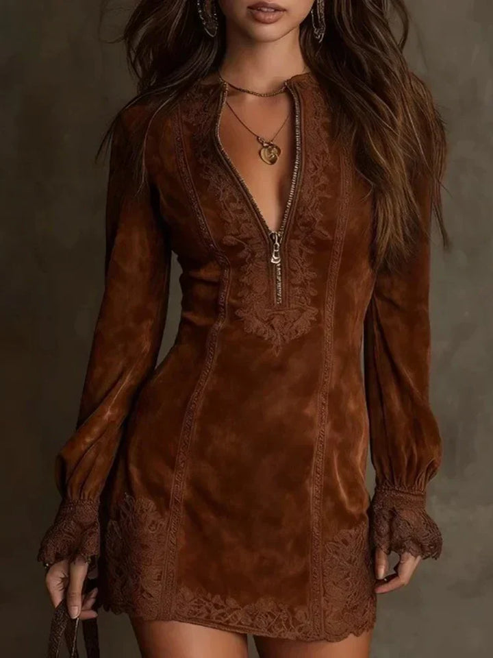 Velmora - Embroidered Zip Mini Dress