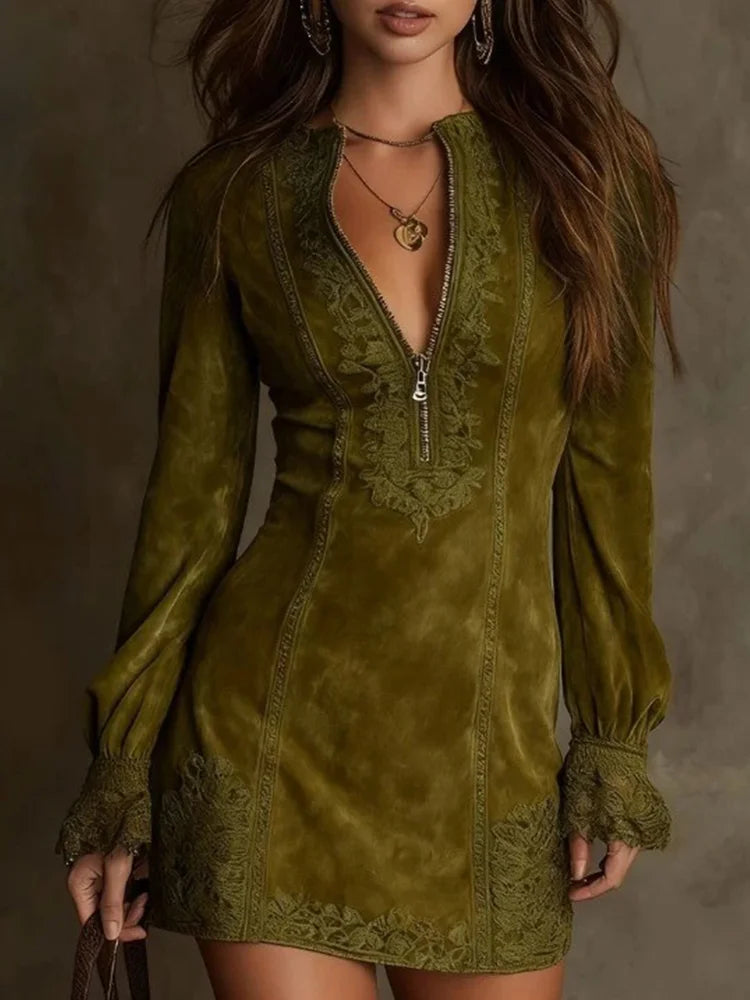 Velmora - Embroidered Zip Mini Dress