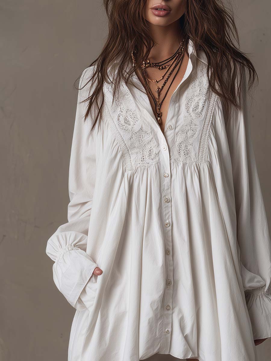 Retro-style |  Lace Irregular Hem Long-sleeved Mini Dress