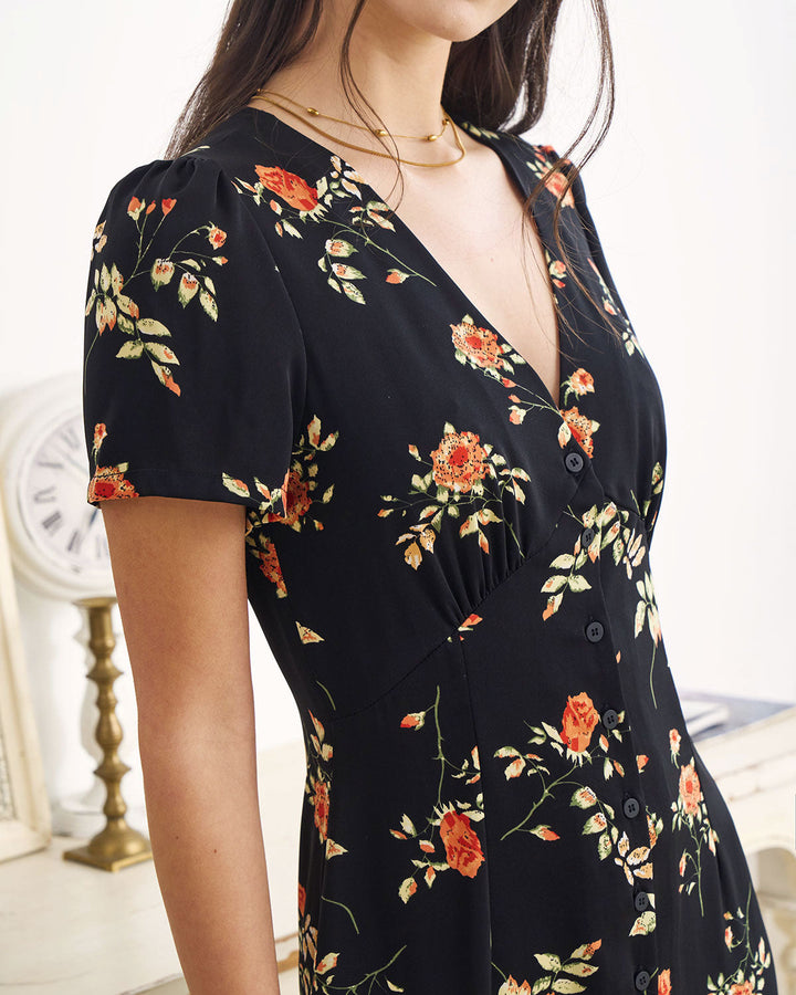The Black V Neck | Floral Short Sleeve Maxi Dress