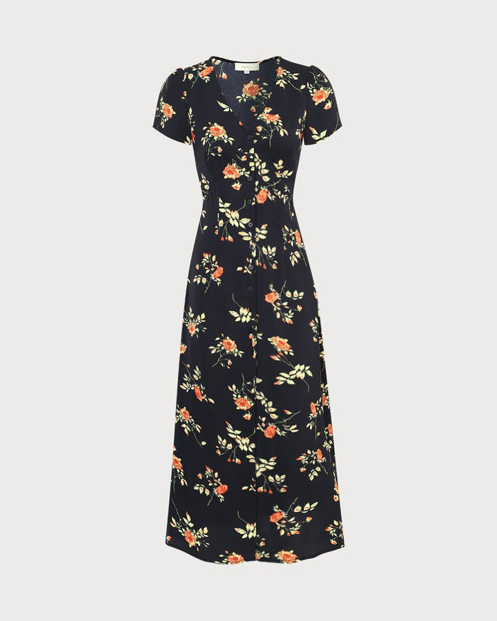 The Black V Neck | Floral Short Sleeve Maxi Dress