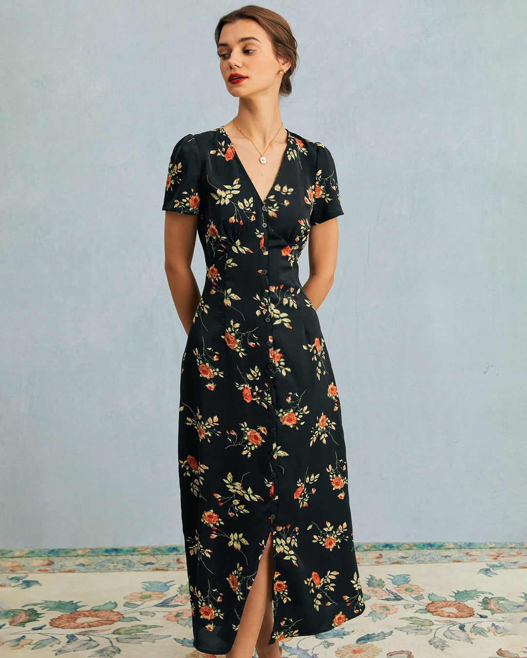 The Black V Neck | Floral Short Sleeve Maxi Dress