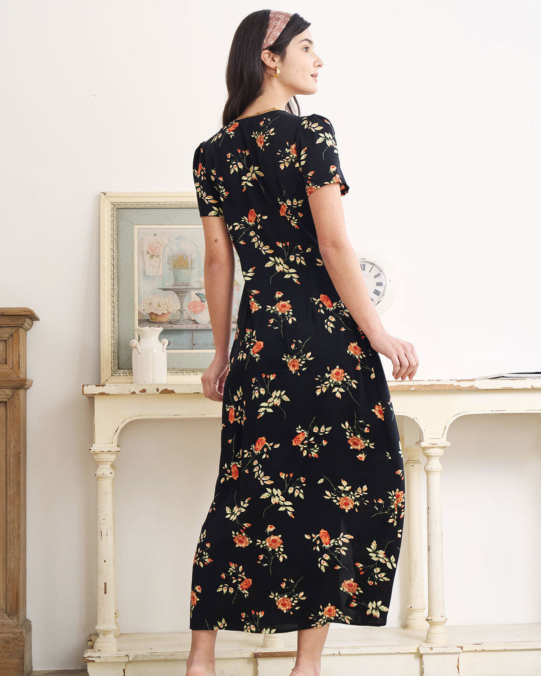 The Black V Neck | Floral Short Sleeve Maxi Dress