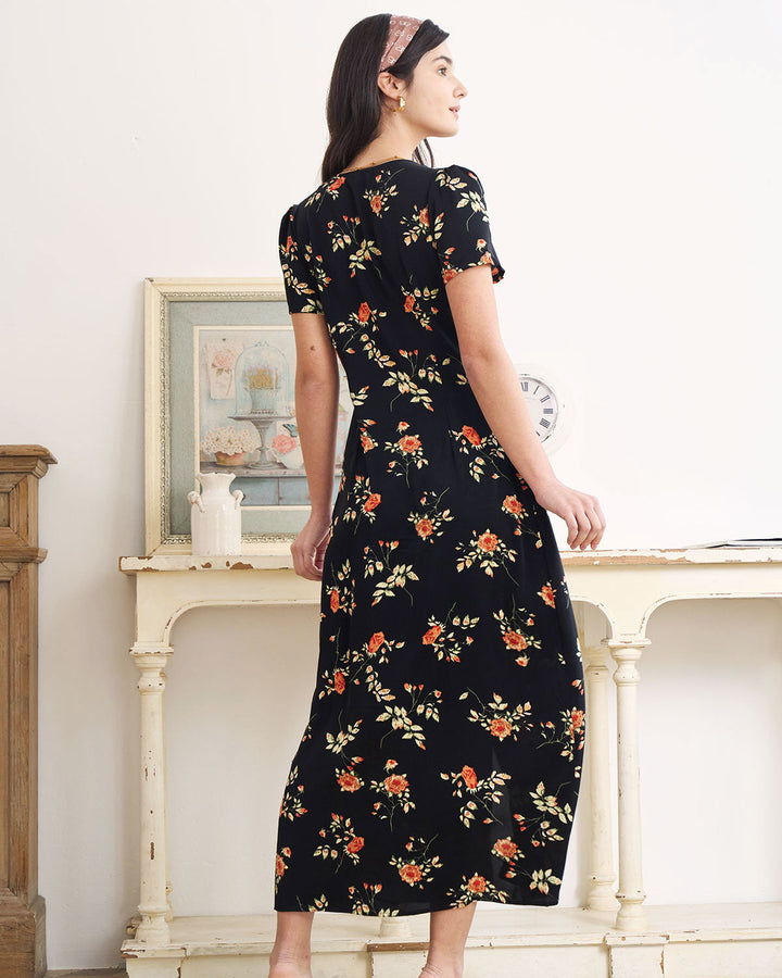 The Black V Neck | Floral Short Sleeve Maxi Dress