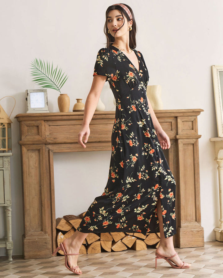 The Black V Neck | Floral Short Sleeve Maxi Dress