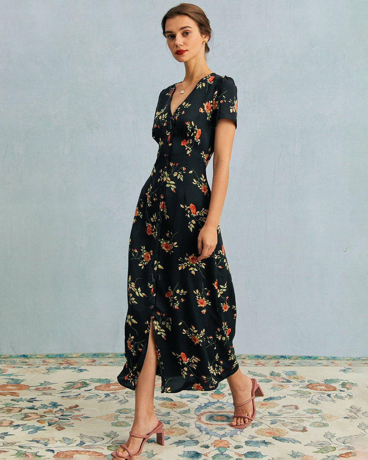 The Black V Neck | Floral Short Sleeve Maxi Dress