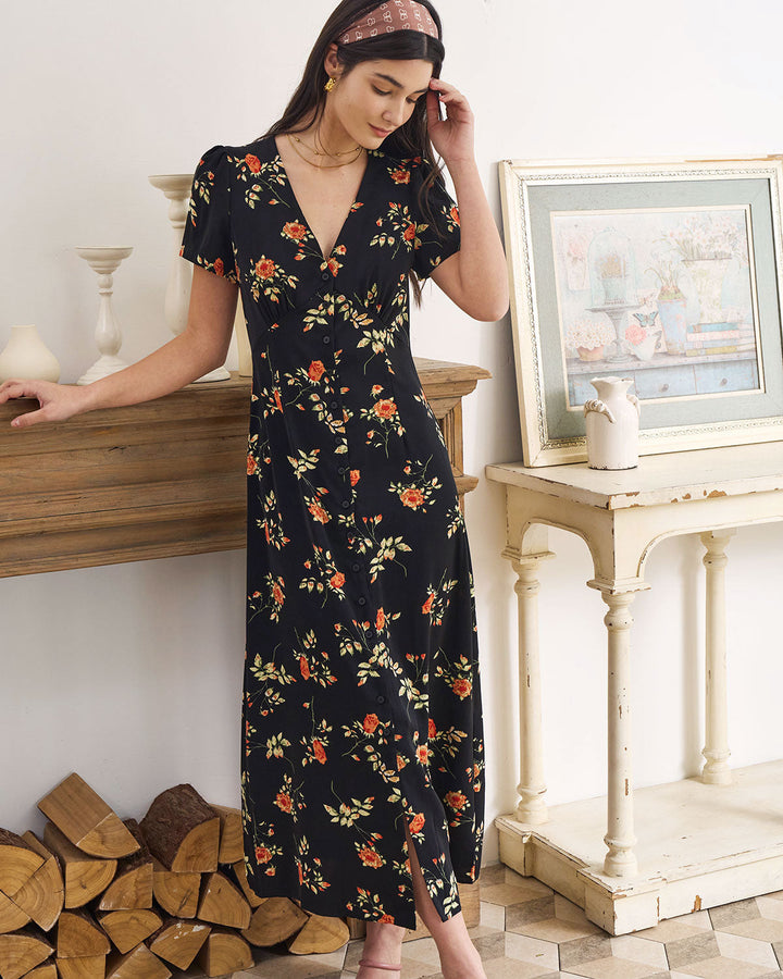 The Black V Neck | Floral Short Sleeve Maxi Dress