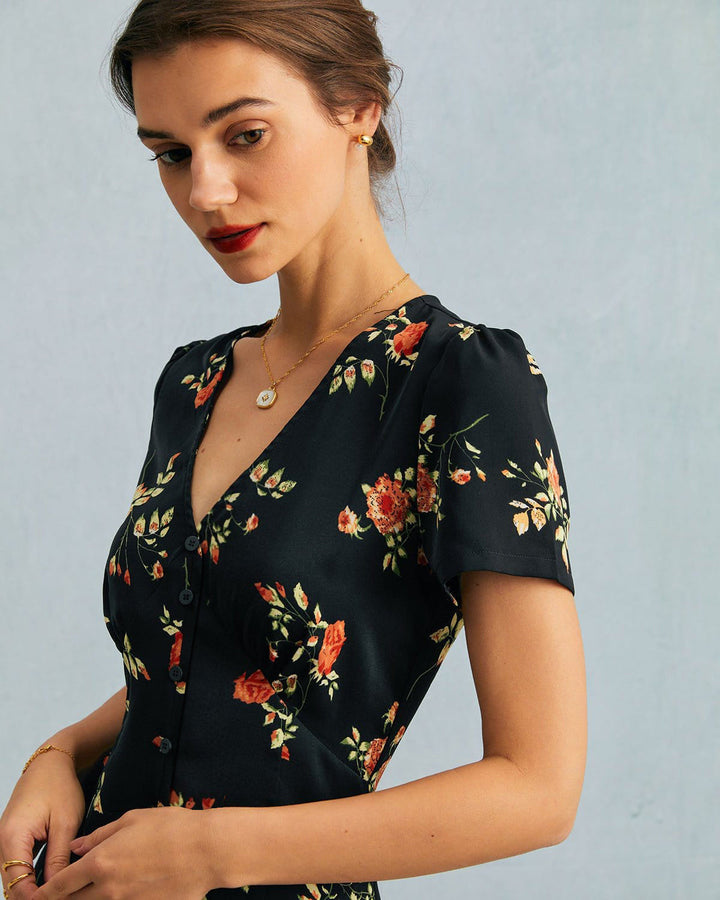 The Black V Neck | Floral Short Sleeve Maxi Dress